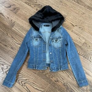 JET John Eshaya Denim Jacket with Black Faux Fur Hoodie. Size P/XS.